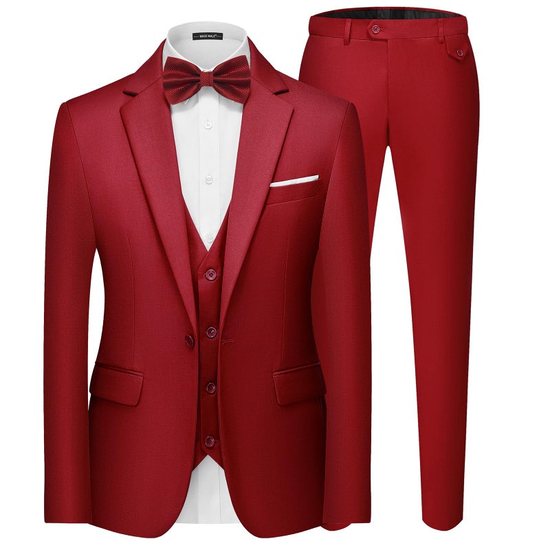 MAGE MALE Men's 3 Pieces Suit Elegant Solid One Button Slim Fit Single Breasted Party Blazer Vest Pants Set Red - Image 1